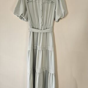Button-Front Maxi Dress with Puff Sleeves in Sage Green